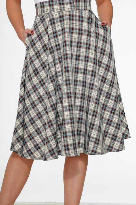 White & Brown Plaid Swing Skirt