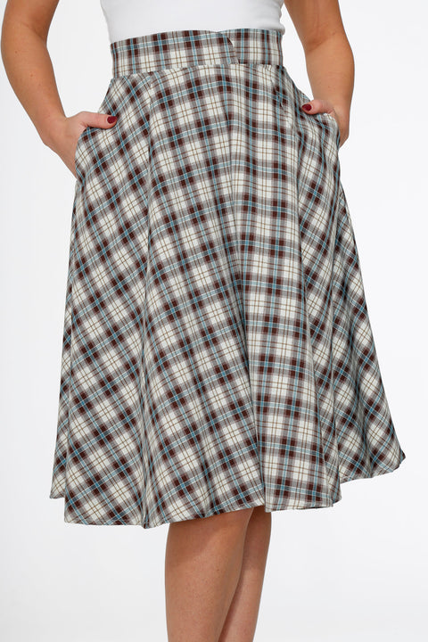 White & Brown Plaid Swing Skirt