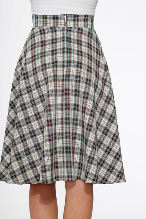 White & Brown Plaid Swing Skirt