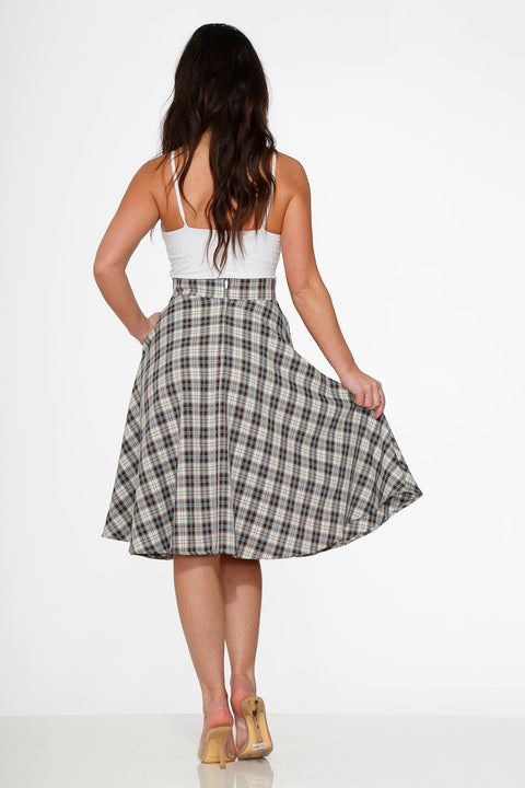 White & Brown Plaid Swing Skirt