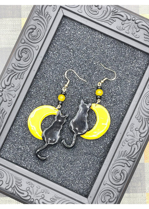 Salem Black Cat Moon Earrings