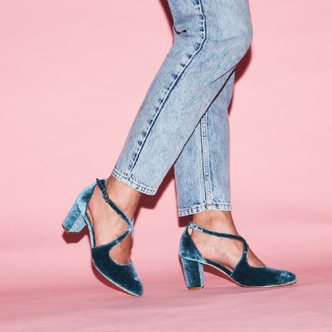 Oren Velvet Mary Jane Heels Blue
