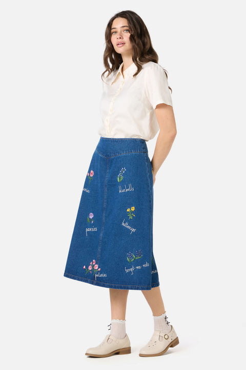 Flower Patch Emb Denim Skirt