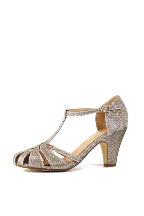 Sergi T-Strap Heels Gold Glitter