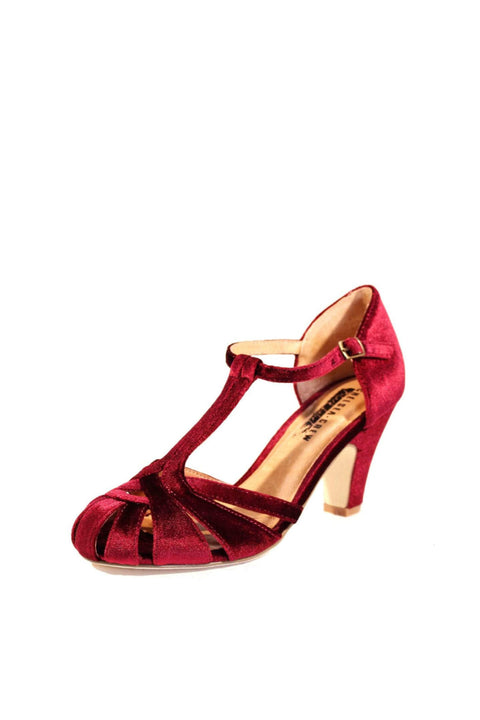 Sergi Velvet T-Strap Heels Burgundy