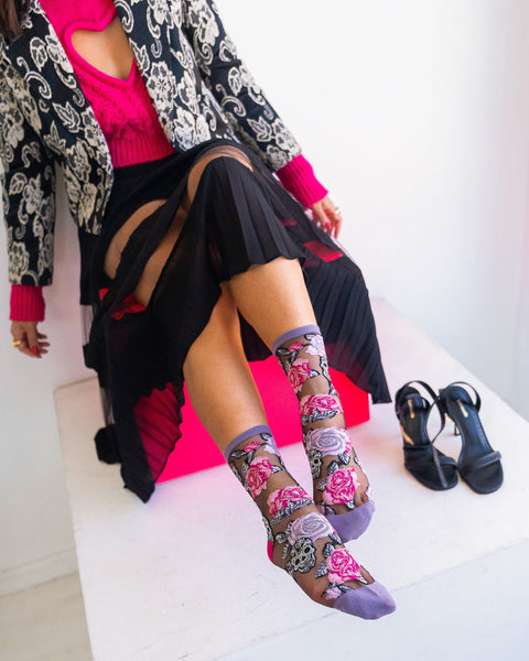 Skulls & Roses Black Sheer Crew Sock
