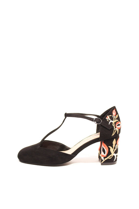 Frenchie T-Strap Embroidered Heels