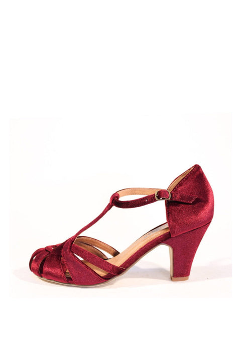 Sergi Velvet T-Strap Heels Burgundy