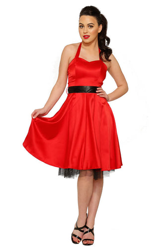 Red Satin Halter Swing Dress