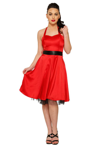 Red Satin Halter Swing Dress
