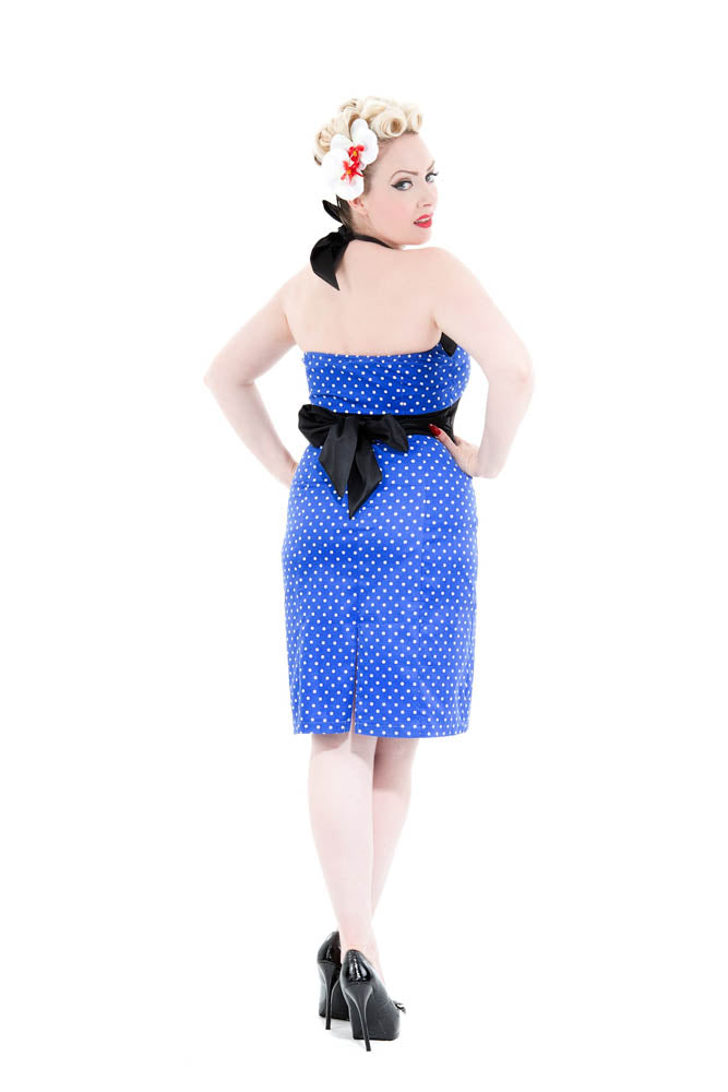 Blue & White Polka Dot Halter Wiggle Dress