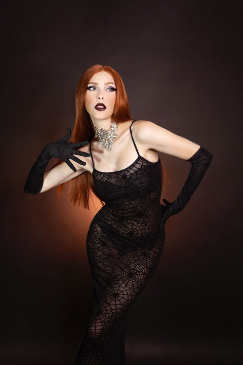 Sheer Hourglass Maxi Dress - Velvet Flocked Spider Webs