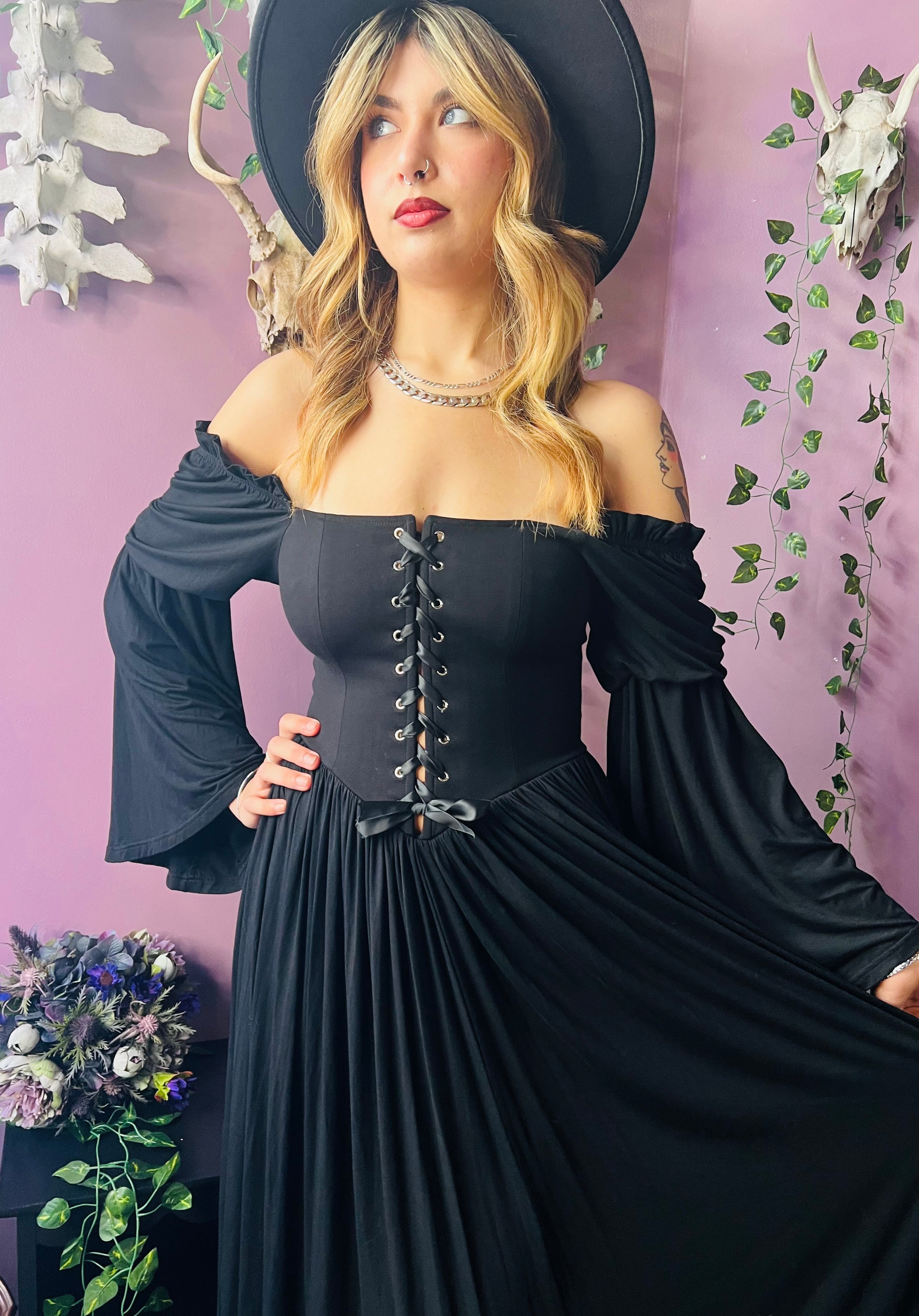 Lilith - Dark Cottage Goth Lace Up Jersey Dress