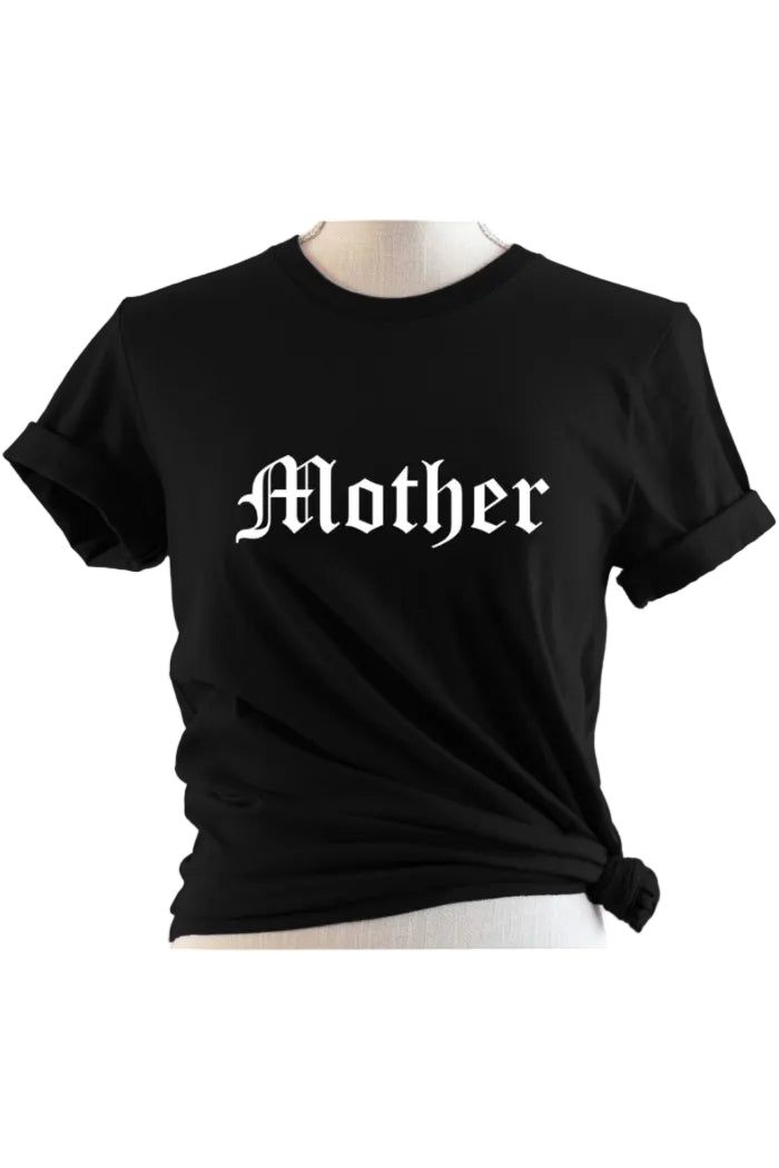 Black t-shirt with 'Mother' printed on it against a white background