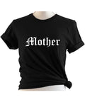 Black t-shirt with 'Mother' printed on it against a white background