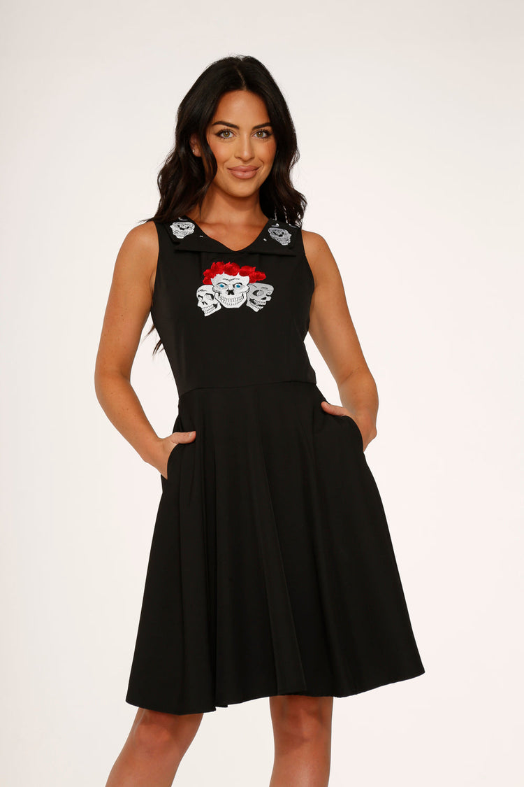 Rose Skulls Embroider Swing Dress