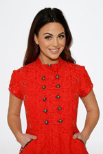 Red Jacquard Battalion Swing Dress