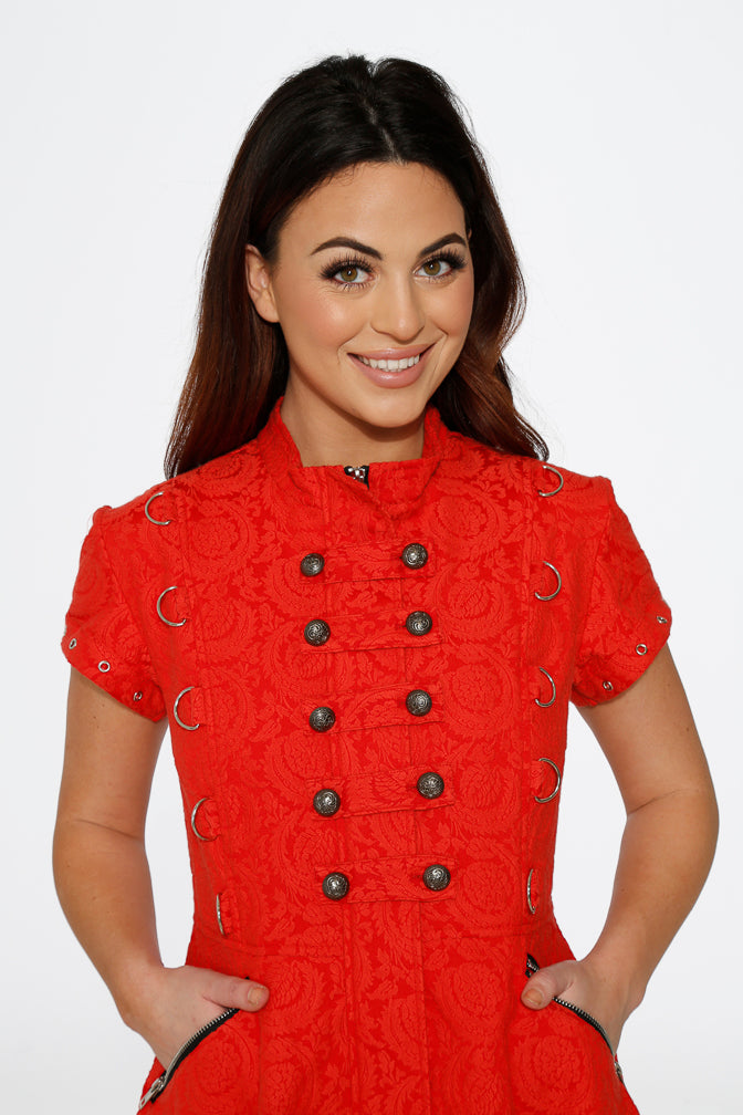 Red Jacquard Battalion Swing Dress
