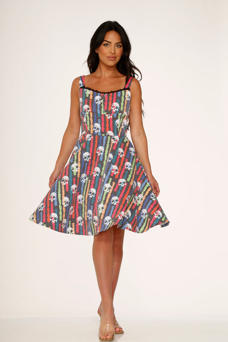 Black Skulls Rainbow Swing Dress