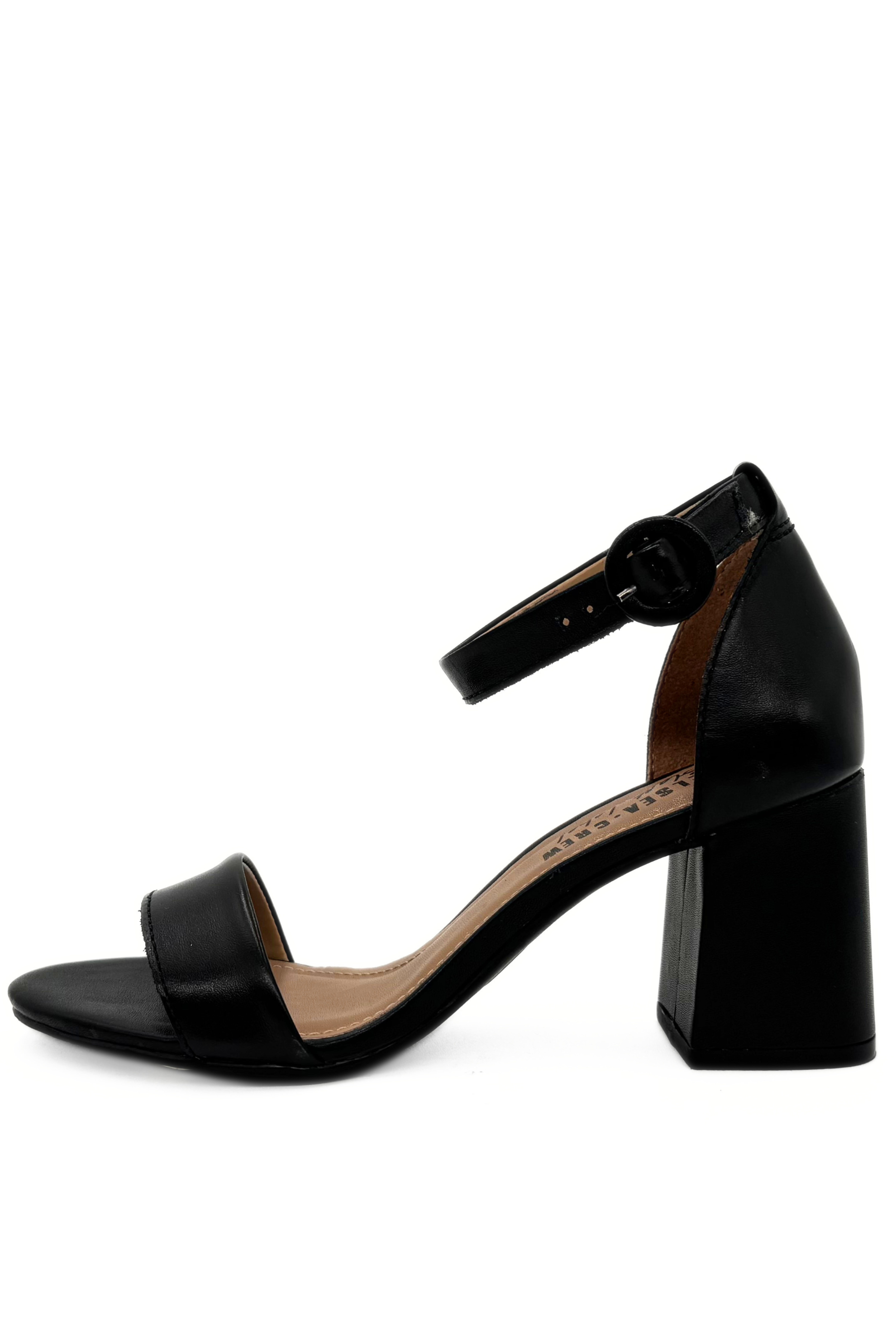 Black sandal with block heel on a white background