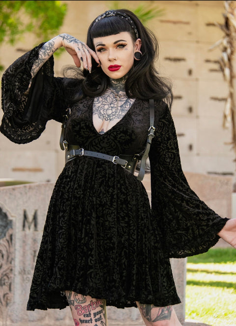 Nyx - Bell Sleeved Velvet Damask Dress with Harness