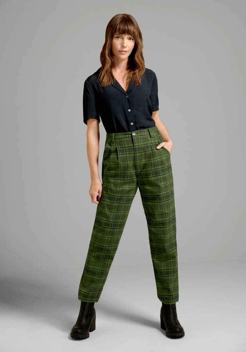 Casual Pants Women Green Plaid Trousers Fall Streetwear Woven