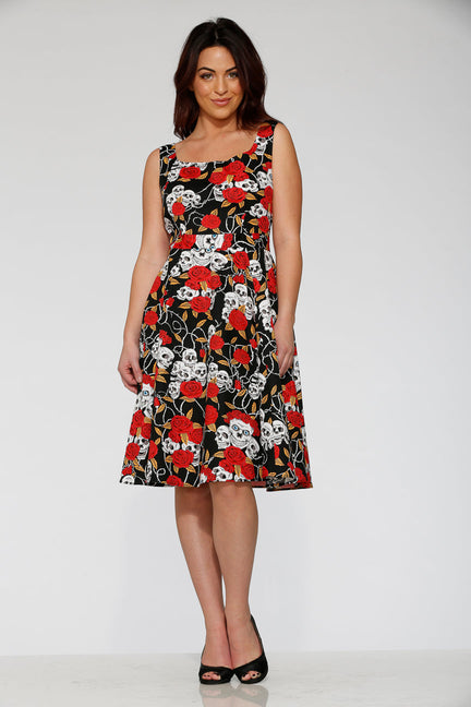 Black & Red Rose Skulls Swing Dress