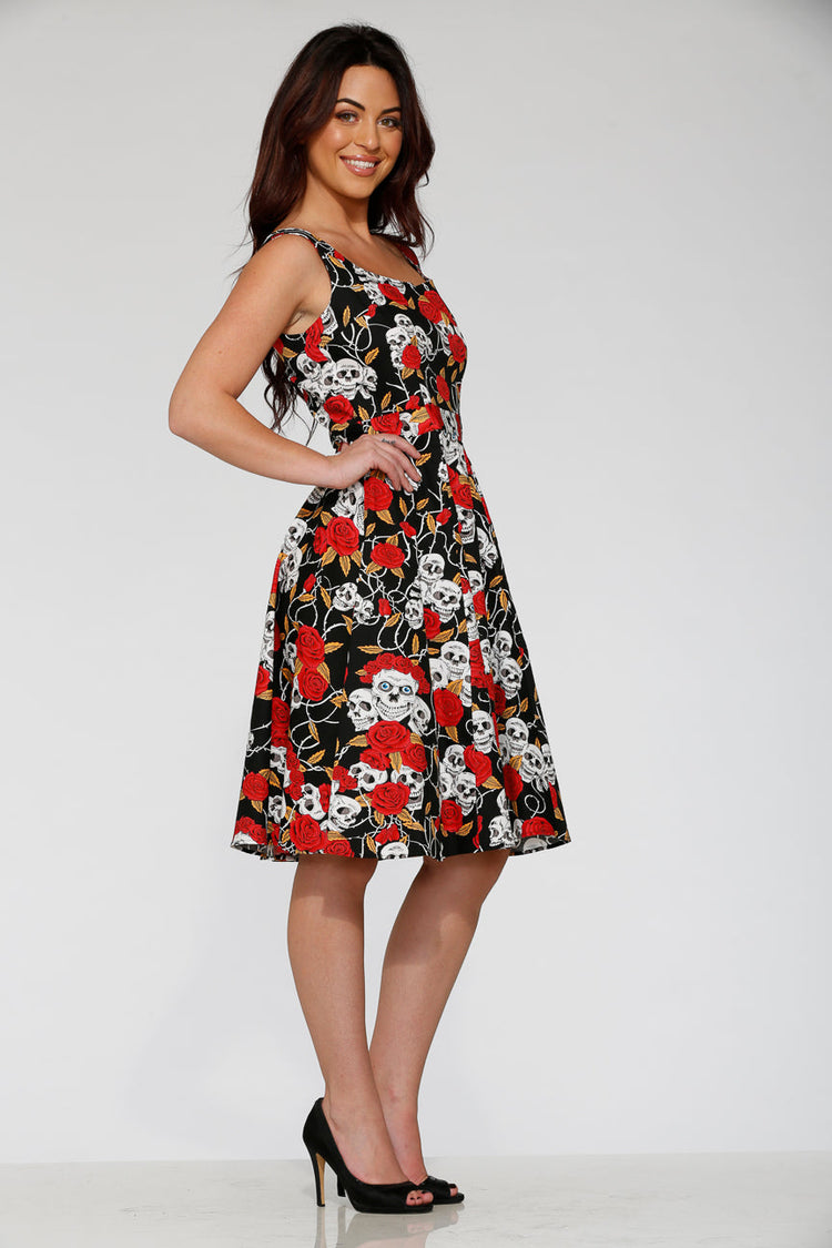 Black & Red Rose Skulls Swing Dress
