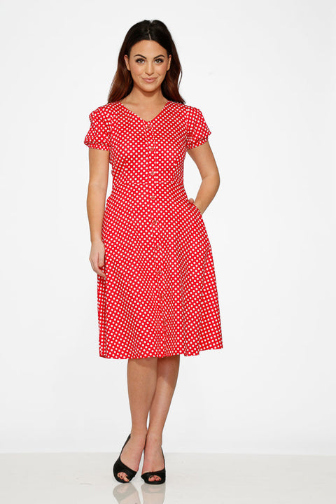 Dolly Dotty Swing Dress in Red
