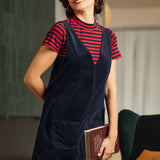 Retro Radiance V-Neck Corduroy Dress