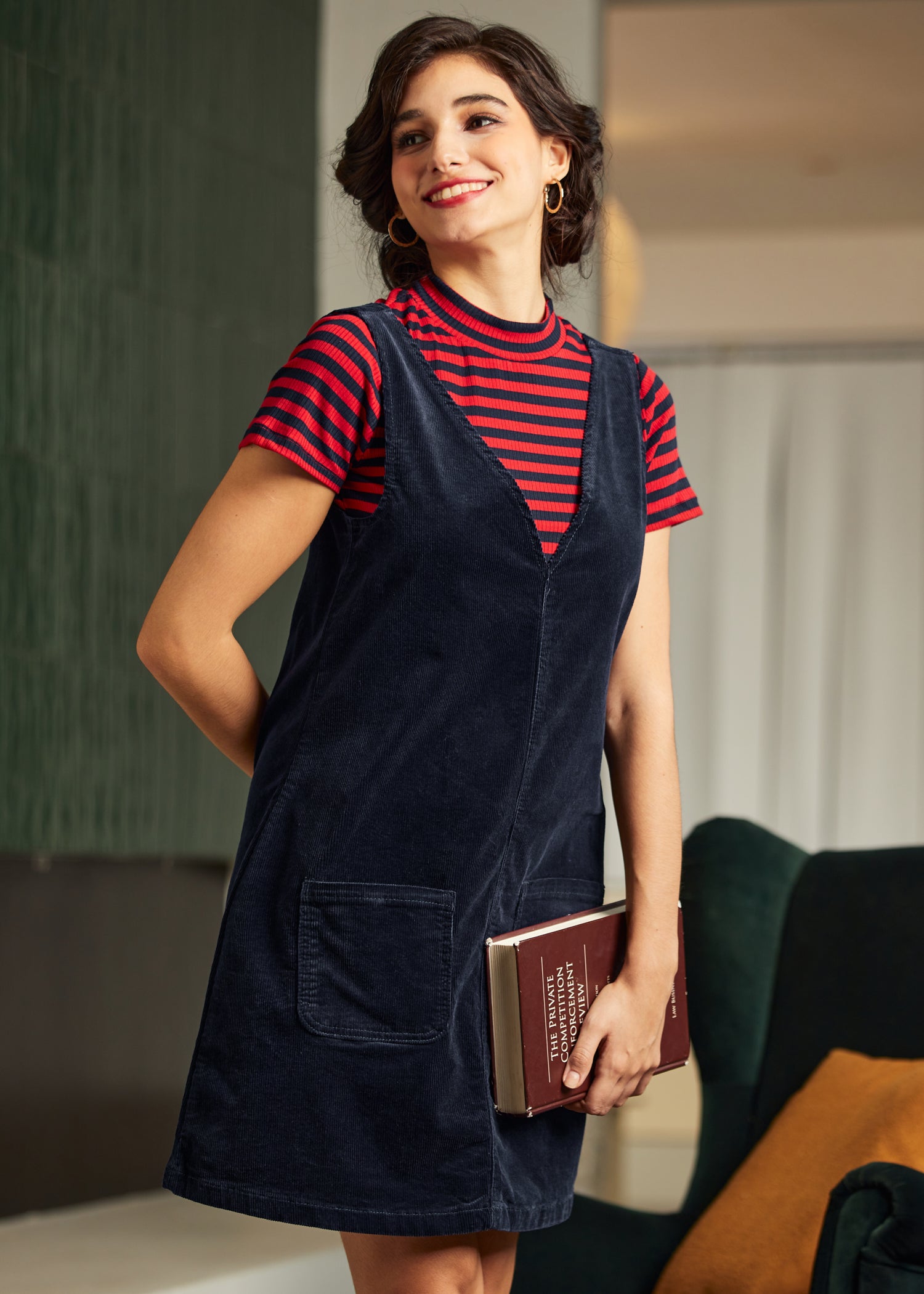 Retro Radiance V-Neck Corduroy Dress Midnight Sky / 2X