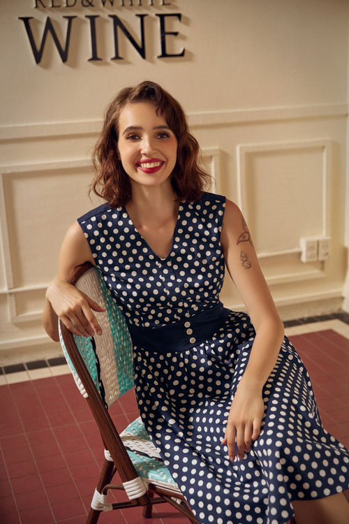 Navy Blue White Polka Dot Swing Dress