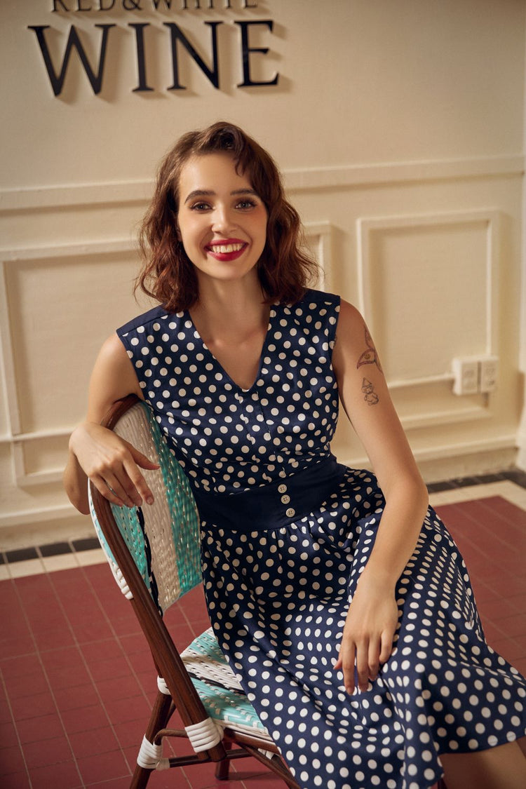 Navy Blue White Polka Dot Swing Dress