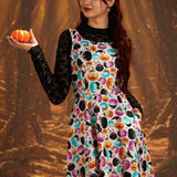 Stretch Cotton Skater Dress Pumpkin & Crow Print