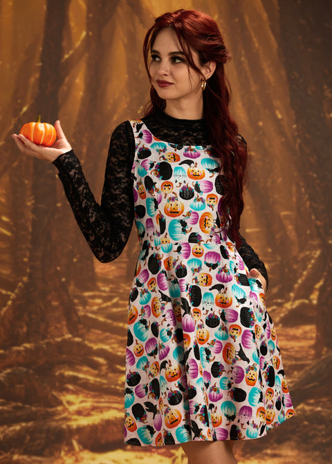 Stretch Cotton Skater Dress Pumpkin & Crow Print L Stretch Cotton Skater Dress Pumpkin & Crow Print L