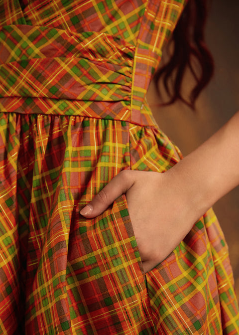 burnt orange plaid dress Black & Orange Plaid Pleated Lace-Up Dress