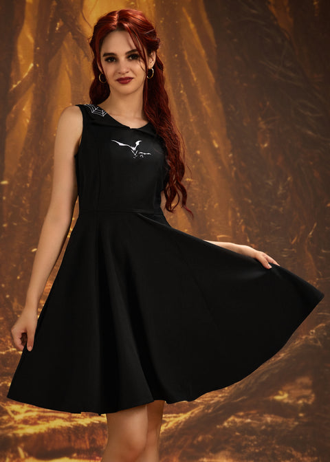 Black Bat Embroidered Swing Dress
