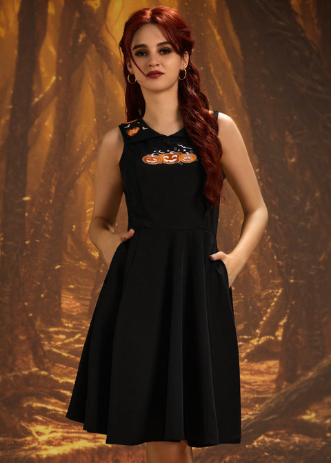Halloween Pumpkin Embroidery Swing Dress
