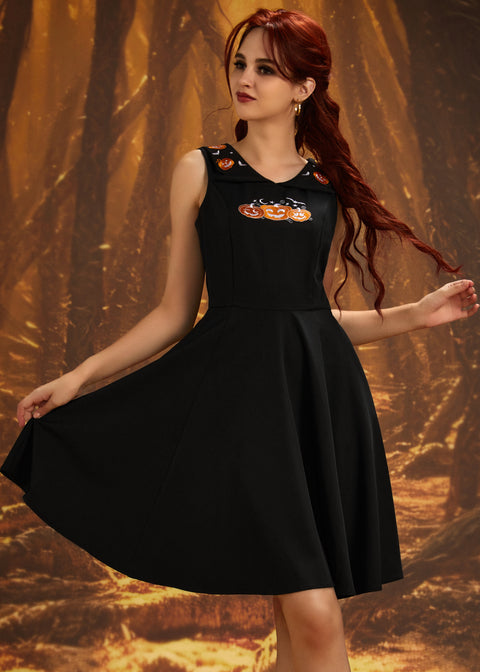 Halloween Pumpkin Embroidery Swing Dress