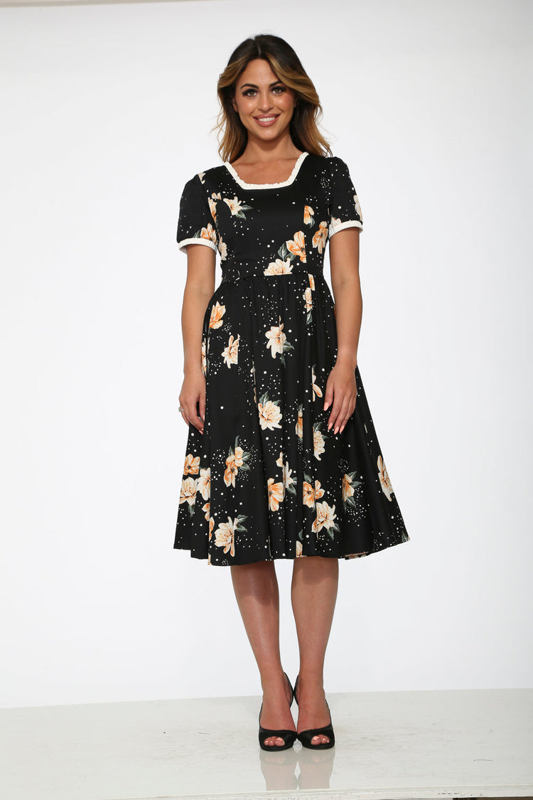 Black & Yellow Floral Swing Dress