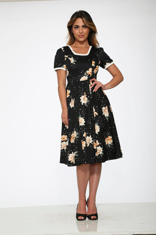Black & Yellow Floral Swing Dress