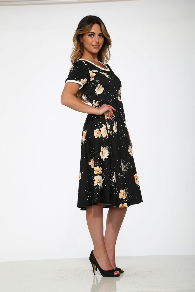 Black & Yellow Floral Swing Dress