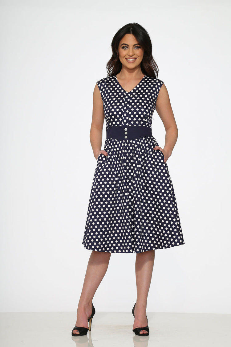 Navy Blue White Polka Dot Swing Dress