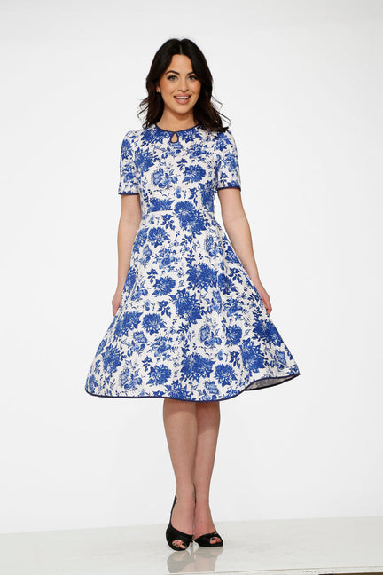 White & Blue China doll Swing Dress