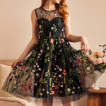 Woman wearing a black embroidered floral fit-and-flare dress with illusion mesh neckline and layered tulle skirt.