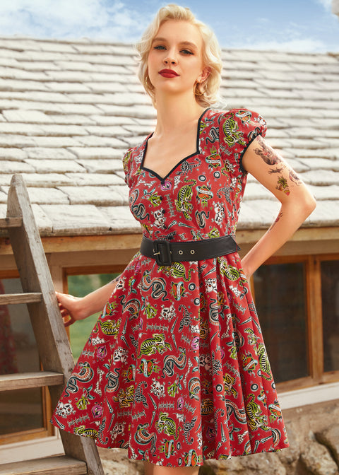 Drive In Delight Fit & Flare Dress In Red Tattoo Print, Size 3X Drive In Delight Fit & Flare Dress In Red Tattoo Print, Size 3X
