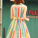 Back view of the Rainbow Carousel sleeveless fit-and-flare dress with rainbow stripe and polka dot print.