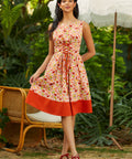 Cotton fit and flare dress with corset bodice and lobster lemon novelty print, front view