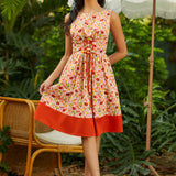 Cotton fit and flare dress with corset bodice and lobster lemon novelty print, front view