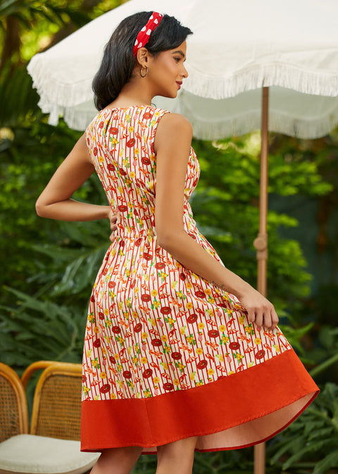 Back view of sleeveless fit and flare dress with full skirt